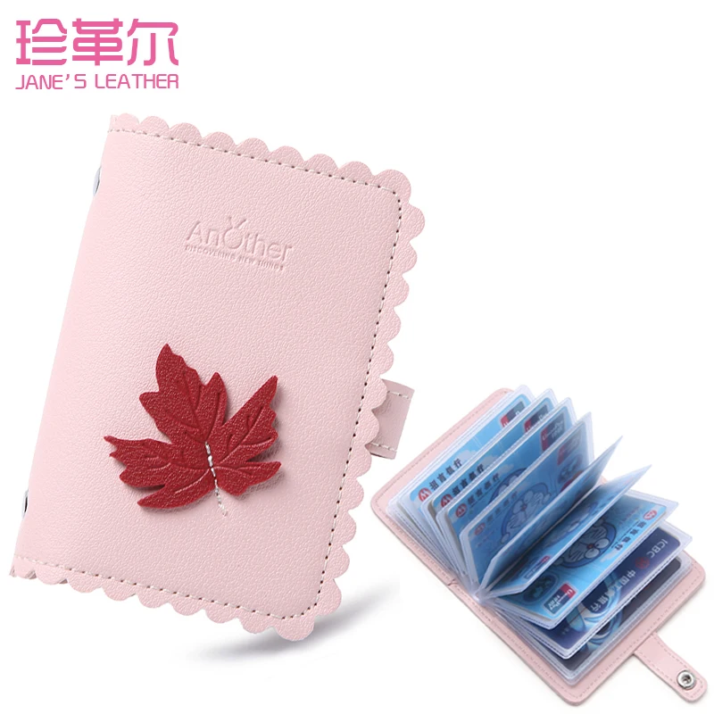 

JANE'S LEATHER Woman's Card Holder Function 24 Slots Maple Leaf Design Business Card Case Passport Cover Credit ID Bank Wallet