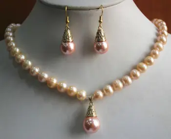 

free shipping 07585 Yellow Shell Pear Necklace Pink Hook Earring Jewelry Set (A0424)