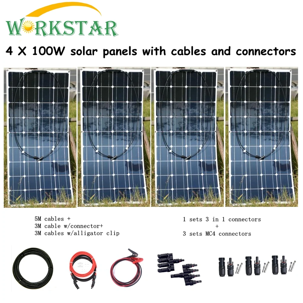 

4pcs Mono 100w Solar Panels Modules with MC4 Connectors and Cables House Use Off Grid Solar Power System