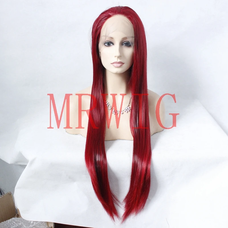 

MRWIG long straight burgundy mixed red hair color front lace wig glueless free part 26in real hair stock