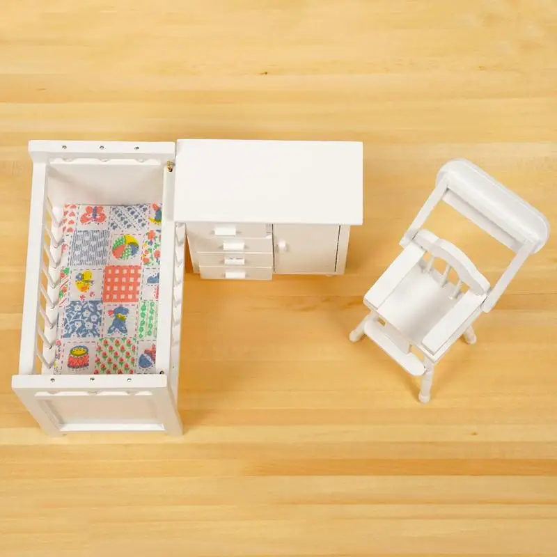 3pcs/set Dongzhur Bedroom Furniture Wooden Crib Bed Baby Chair Cabinet 1:12 Scale Dollhouse Miniatures Kids DIY Doll House