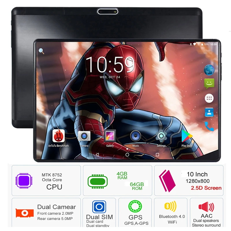 2019 Octa Core 10 Inch Tablet MTK8752 Android Tablet 6000mAh 4GB RAM 64GB ROM Dual SIM Bluetooth GPS Android 8.0 Tablet PC