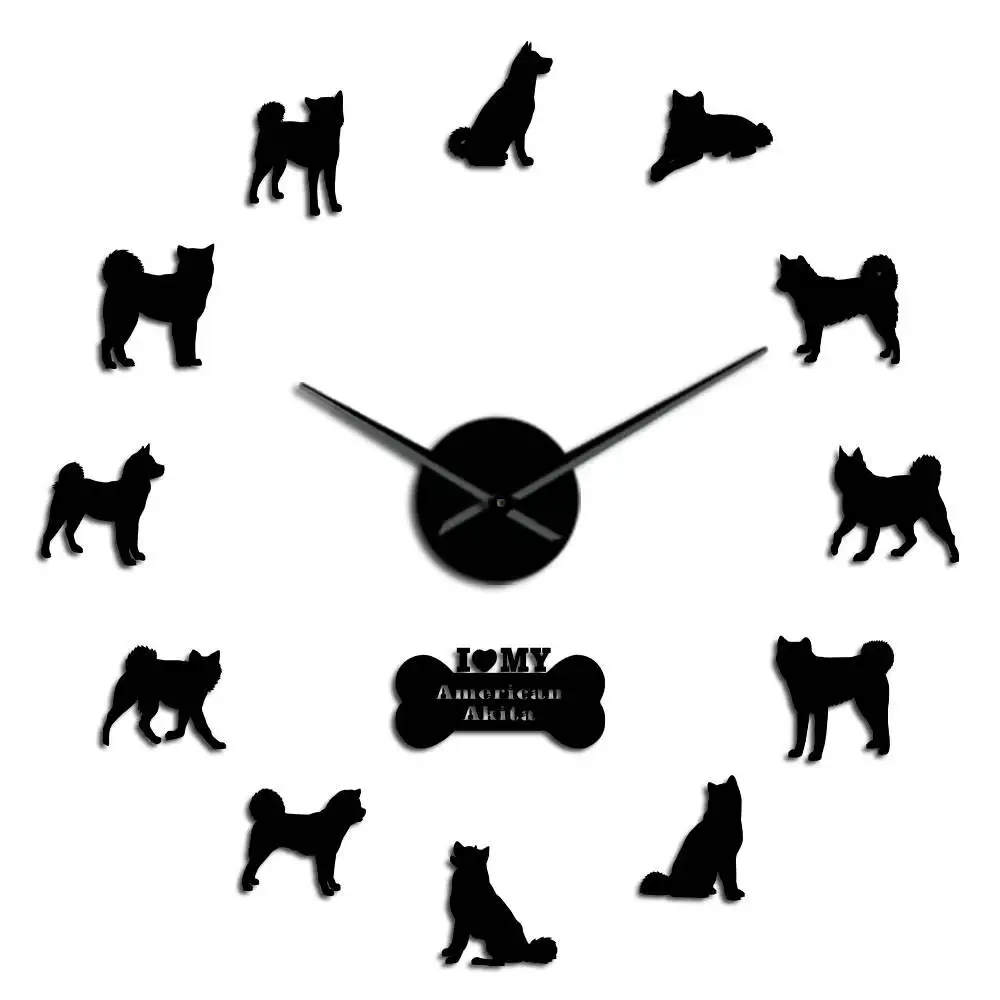 Американская собака породы Акита самоклеющиеся 3D DIY настенные часы Акита владелец подарок гостиная уникальный дизайн Зеркальная Наклейка настенные часы - Цвет: Black