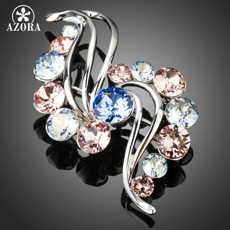 

AZORA New White Gold Color Elegent Wave Shape Colors Stellux Austria Crystal Scarf Pins Brooches for Women TP0043