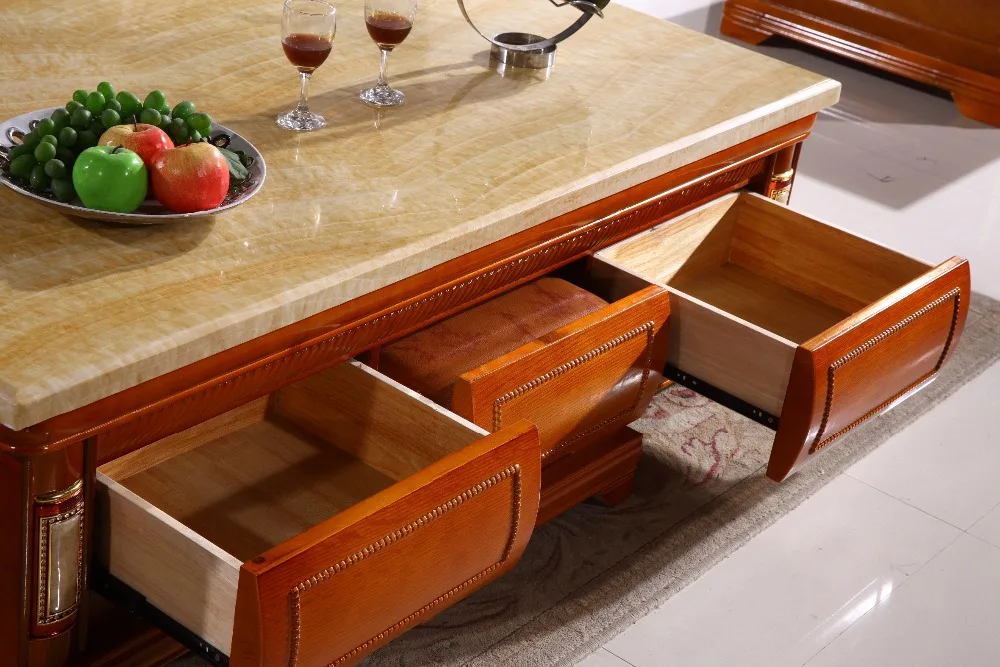 European retro wooden coffee table storage drawer marble top made in China