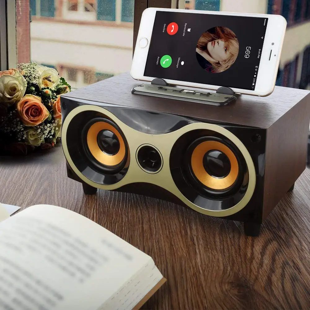 Kopen Desktop Draagbare Houten Draadloze Speaker Subwoofer Stero Bluetooth Speakers Ondersteuning TF MP3 Speler met FM Radio, Telefoon Houder