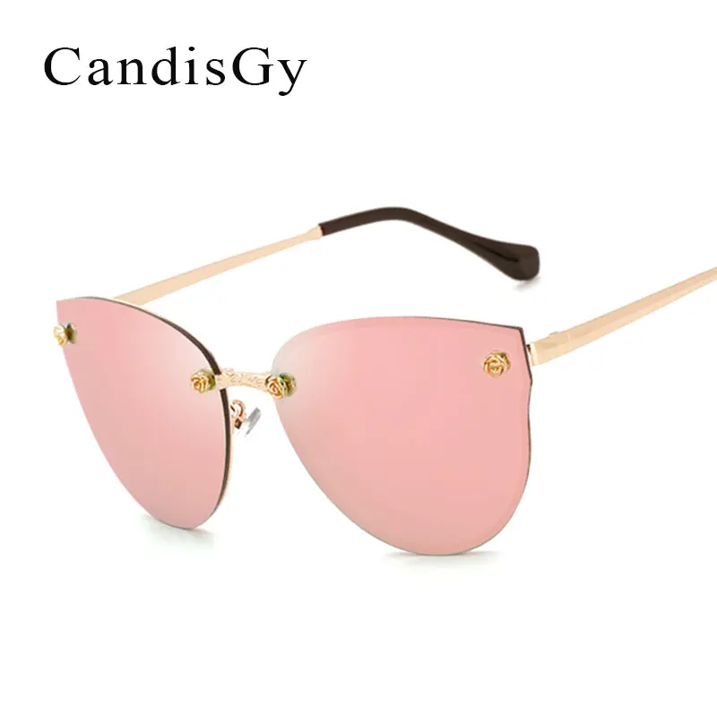 Cat Eye Rose Gold Flowers Oversized Super Star Sunglasses Mirror Women