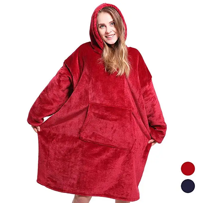 Однотонное синее, серое, красное Флисовое одеяло с капюшоном, с рукавами, шерпа, плюшевое, зимнее, уличное, с капюшоном, халат, мягкое, теплое, носимое одеяло для телевизора - Цвет: Red