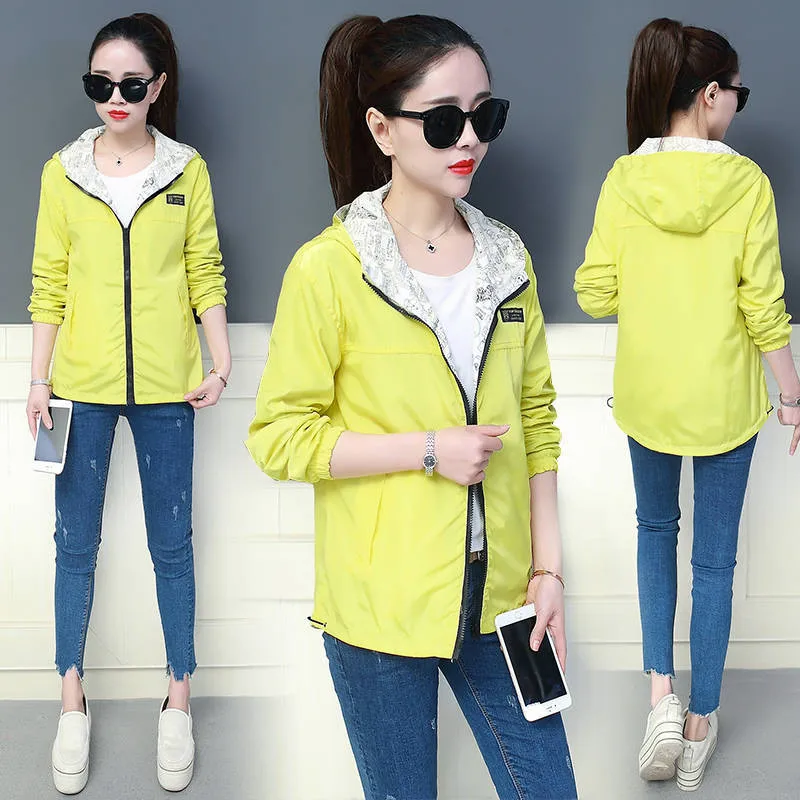 incredible  Spring Autumn Women casual Basic Jacket Pocket Zipper Hooded Two Side Wear Cartoon Print Outwear Lo