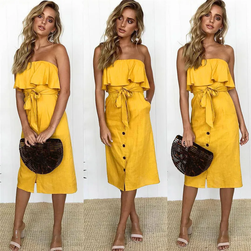 

Women Summer Clothes Strapless Boho Casual Long Solid Party Sleeveless Cocktail Beach Dress Sundress Regular Size Cotton