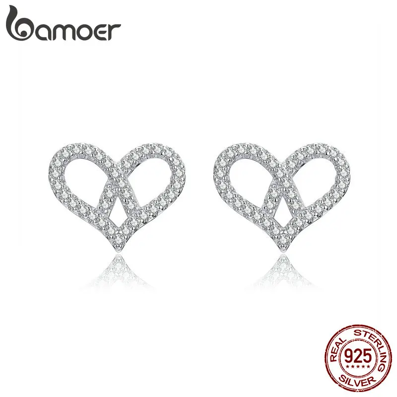 

bamoer Heart Knot Stud Earrings for Women Wedding 925 Sterling Silver Crystal Love Valentine's Day Gift Jewelry Boucles BSE137