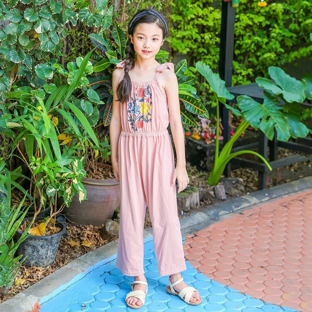 

floral pattern kid girls jumpsuit summer 2018 spring teenage pants sleeveless pink blue overalls girls children baby clothing