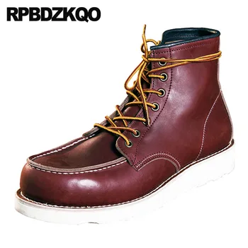 

men shoes full grain leather boots plus size combat lace up military vintage army genuine ankle autumn retro wedge burgundy