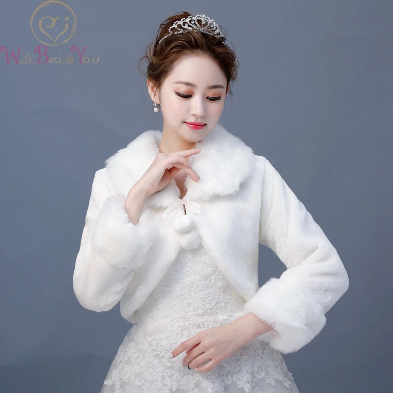 Walk Beside You Faux Fur Shawl Long Sleeve Ivory Wedding Party Bolero with Ribbon Bride Cape coprispalle donna Women Wrap Estola