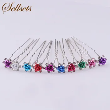 

Sellsets 200pcs/lot Beautiful Multicolor Metal Flower Crystal Hair Pins Wedding Bridal Hair ornaments Accessories Wholesale