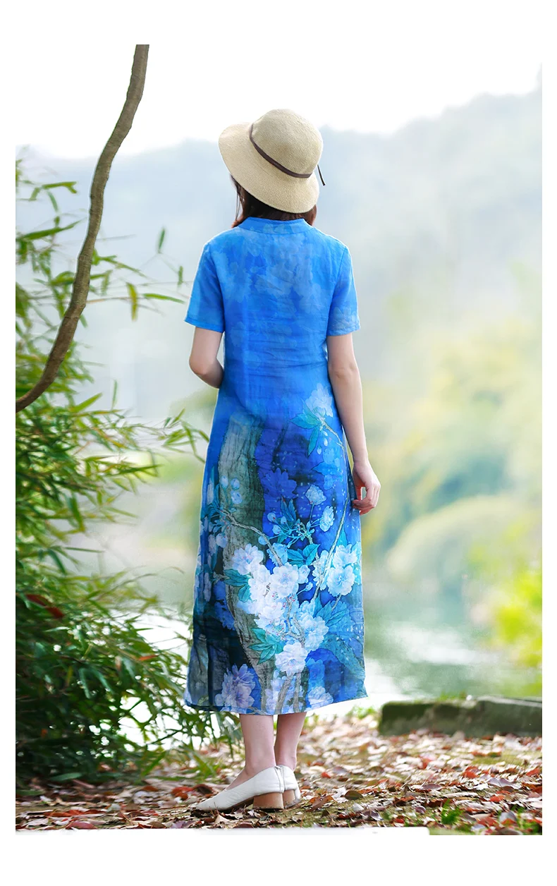 LZJN Women's Summer Dresses Flax Linen Cheongsam Qipao Collar Chinese Style Royal Blue Long Dress (20)