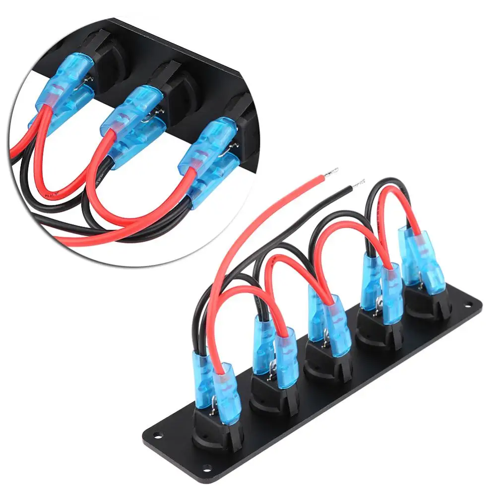 

12-24V ABS + Aluminum Panel 5 Gang Round Dash Rocker Toggle Switch Panel Blue LED single light switches for RV Boat Yacht Marine