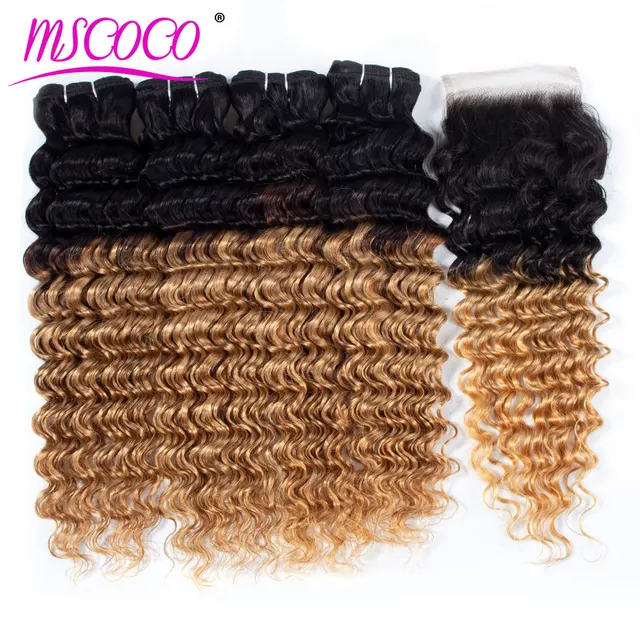 Extensiones de pelo ondulado Mscoco, Ombre, brasileño, con cierre, 1b 27, manojos de ondas profundas, cabello humano, 3 manojos con cierre, Remy Extensiones de pelo ondulado Mscoco, Ombre, brasileño, con cierre, 1b 27, manojos de ondas profundas, cabello humano, 3 manojos con cierre, Remy