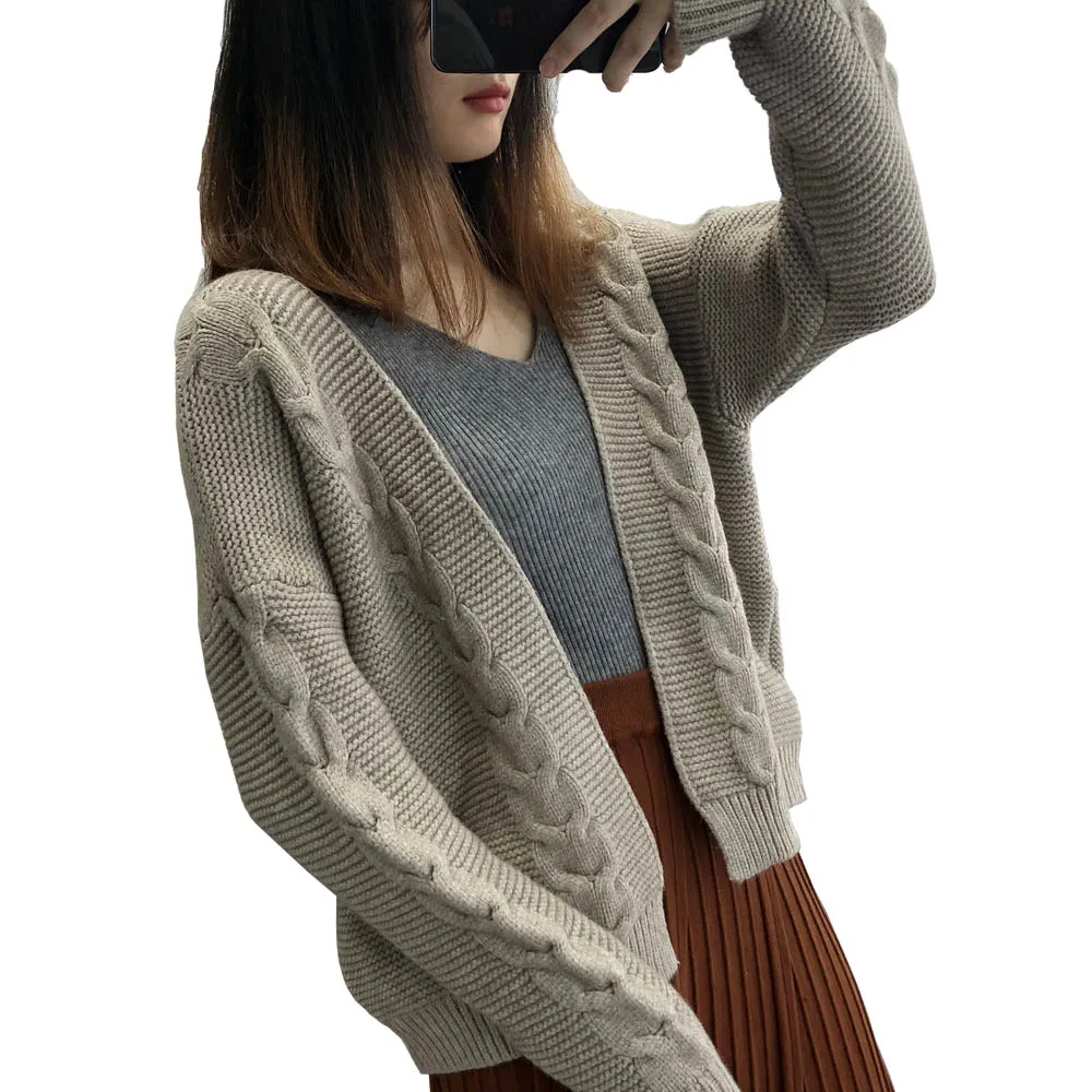 Cardigan Women 2018 Autumn Winter Cashmere Blending Twist Knitted Open Stitch V Neck Casual Elegent Short Outwear Coat Sweater