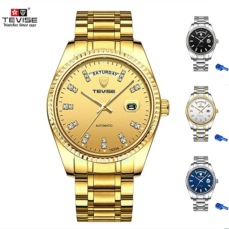 

Newest TEVISE Men Automatic Mechanical Watch Rhinestone Scale Date Week Shockproof Waterproof Luminous Hands Mens Wristwatch