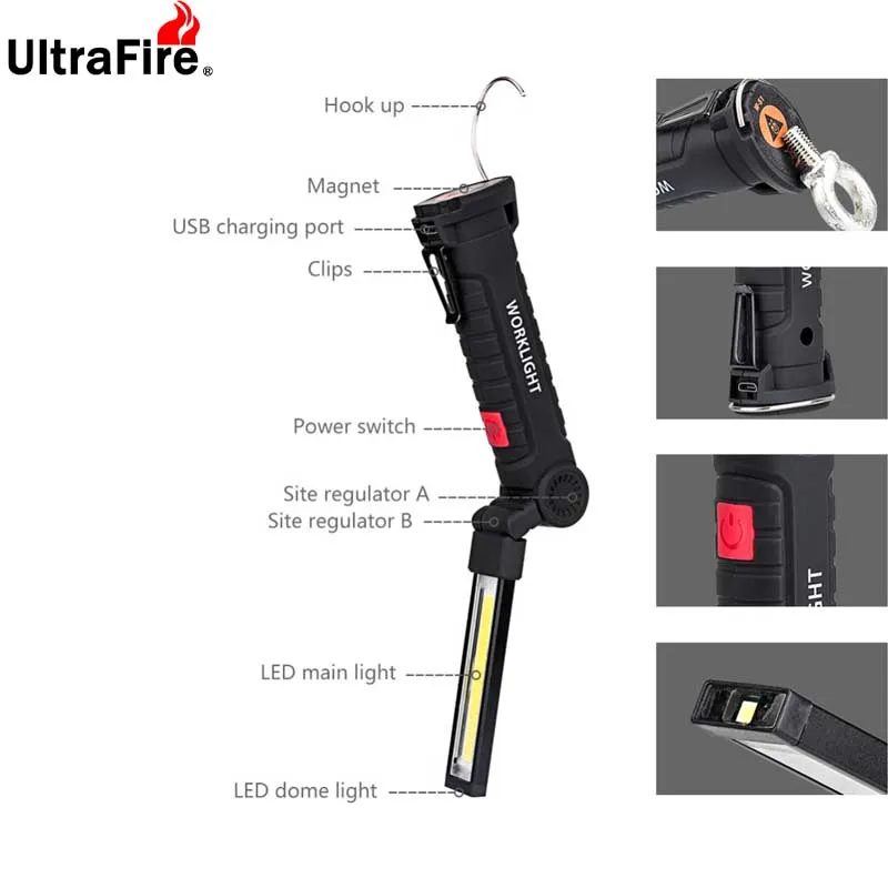 Portatil 5 modo COB linterna antorcha USB recargable llevo la luz del trabajo magnetico COB Lanterna gancho colgante lampara par Portatil 5 modo COB linterna antorcha USB recargable llevo la luz del trabajo magnetico COB Lanterna gancho colgante lampara par