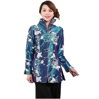 

Top Sale Blue Lady Satin Polyester Overcoat Mandarin Collar Button Jacket Embroidered Flower Outwear Costume Size S To XXXL