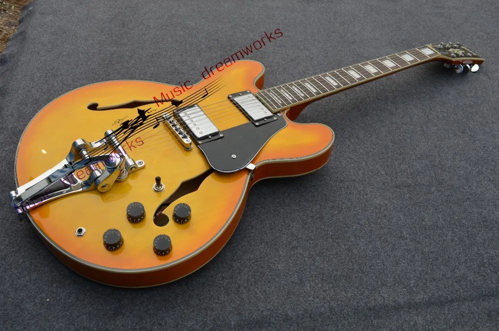 firehawk Custom Sunburst Semi Hollow ES335 Jazz Guitar with Bigbys High Quality Musical instruments Whoesale