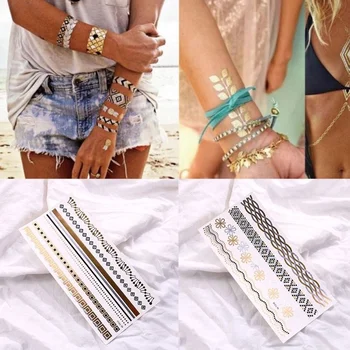 

Bohemian Women Kids Body Art Metallic Golden Waterproof Temporary Tattoo Sticker Chain Bracelet Fake Jewelry Sexy Party Supplies