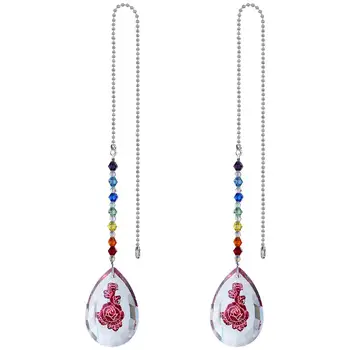 

H&D Crystal Ceiling Fan Pull Chains Chakra Hanging Pendants Rainbow Maker Prism Suncatcher For Home Decor, Pack of 2 (Red Rose)