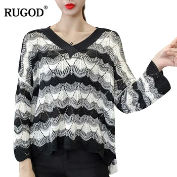 

RUGOD 2019 Vintage Fashion Autumn Winter Sweater V Neck Regular Sleeve Female Casual Striped Knitted Pullover Sueter Mujer