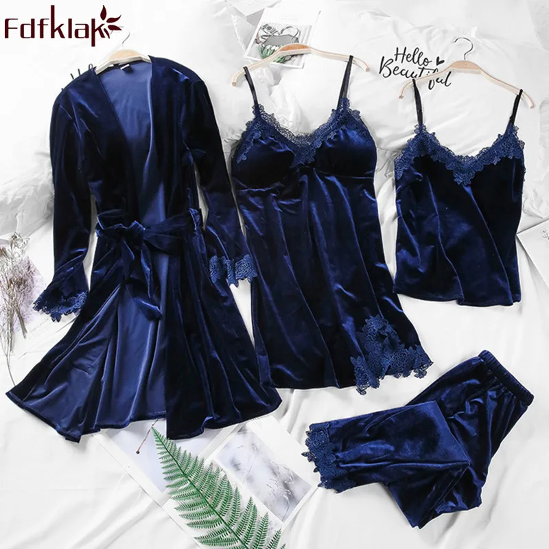 

Fdfklak Autumn 2020 Gold Velvet 4 Pieces Home Clothes For Women Pajama Sets Pijama Sexy Lingerie Pyjamas Femme Sleepwear Q1409