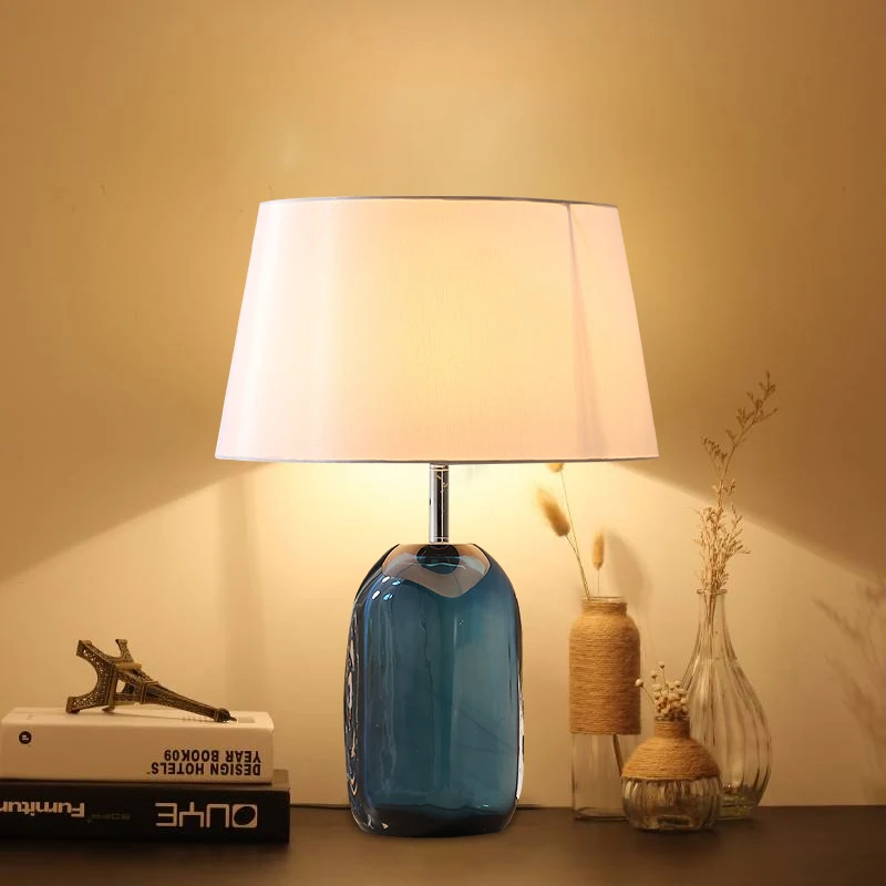 Translucent Blue Glass Table Lamp Fabric Lampshade Bedside Desk lights lamparas de mesa Book Lamps Deco Luminaria Home Lighting