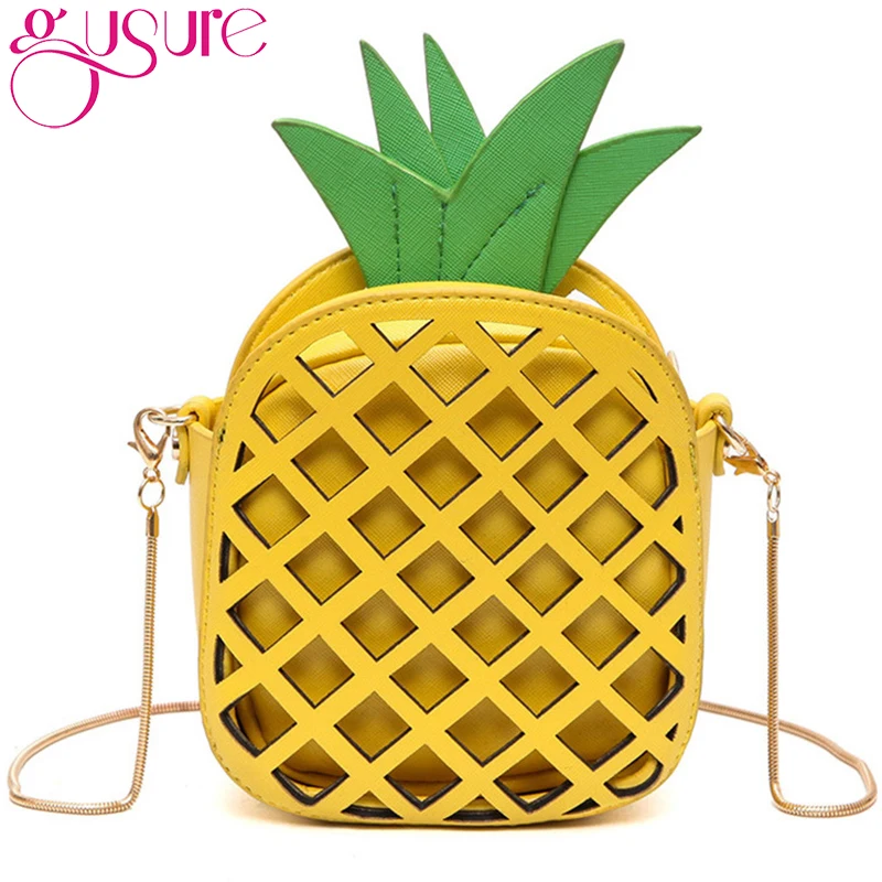 

Gusure New Fashion Cute Handbag For Women Lovely Pineapple Messenger Bags With Chain Hollow Out PU Leather Ladies Bag Mini Purse