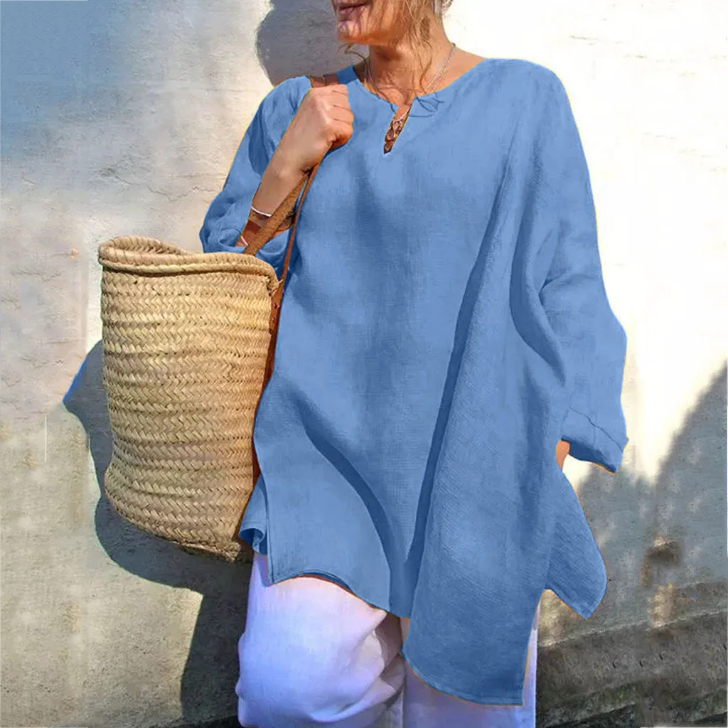 

Blouse Woman 2019 Blue Plus Size Women Casual Baggy Long Sleeve Shirt Summer Linen Beach Tunic Blouse Loose blusa verano mujer