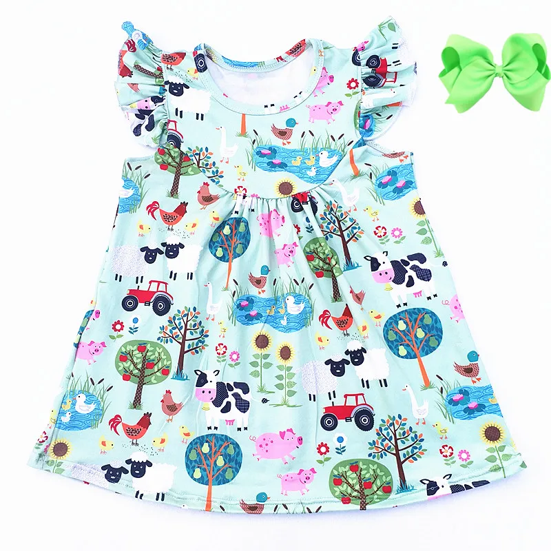 2019 New Arrival Children Farm Dress Girls Summer Animal Printed Pearl Milk Silk Kids High Quality Clothing With Bow | Детская одежда и