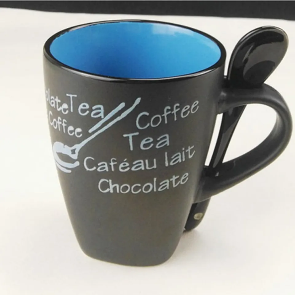 Coffee Cups And Mugs With Spoon Matte Black Ceramic Coffee Mug Milk Cup DrinkTea Creative Porcelain Travel Coffee Mug Letters        CB226