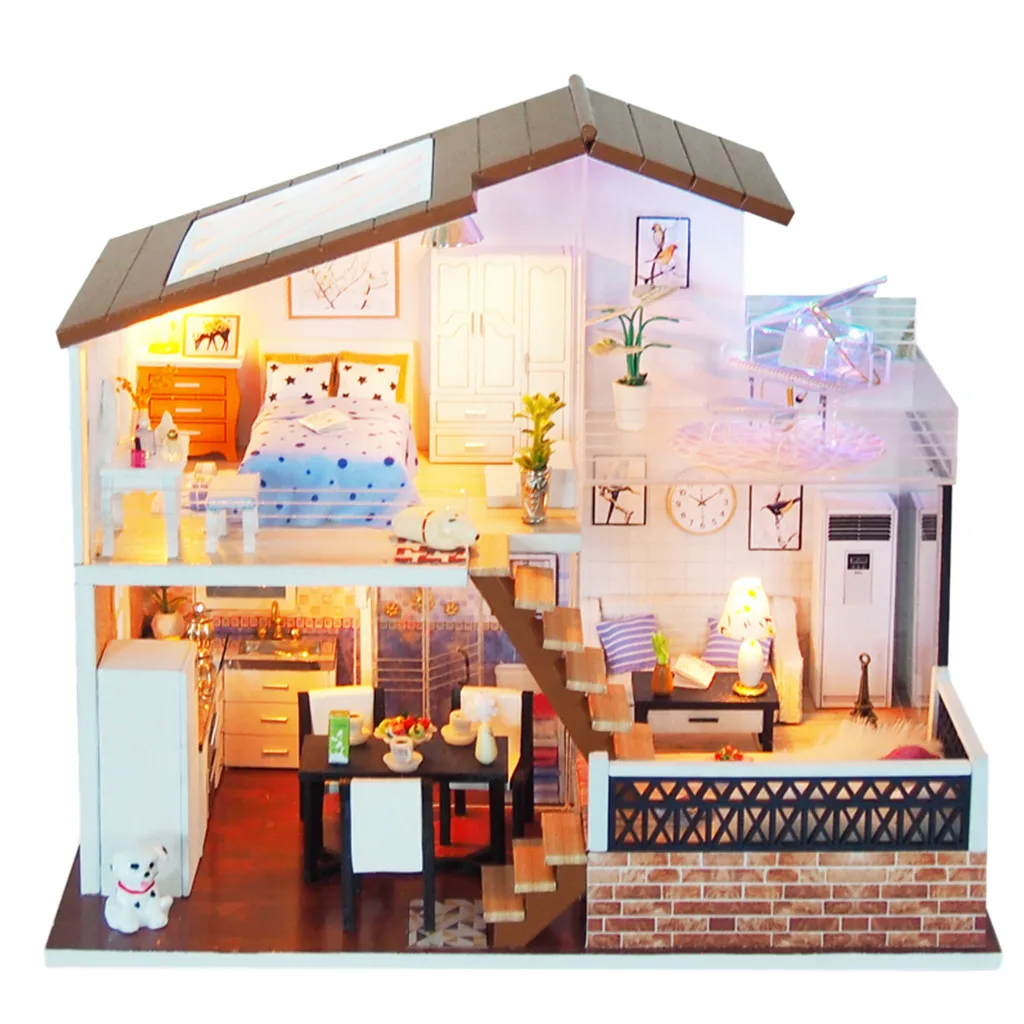 Us 41 92 Wooden Doll House Furniture Diy Miniature Model Dust Cover Miniatures Led 3d Decorate Dollhouse Toys For Children Gifts K319 In Doll Houses