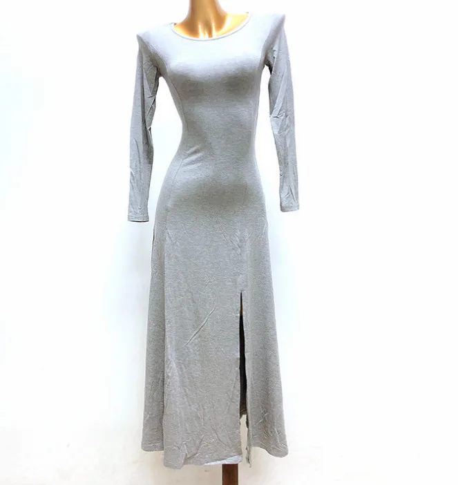 Long sleeved gray TVVOVIVN Новое модное Макси платье Оболочка тонкая круглая шея Кнопка Футболка Сексуальная нерегулярная Bifurcation Женская винтажная халат AS771 - Цвет: Long sleeved gray
