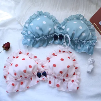 

Vintage Dots Chiffon Lolita Comfortable Japanese Bra & Panties Set Wirefree Soft Underwear Sleep Intimates Set Cute Pink Blue