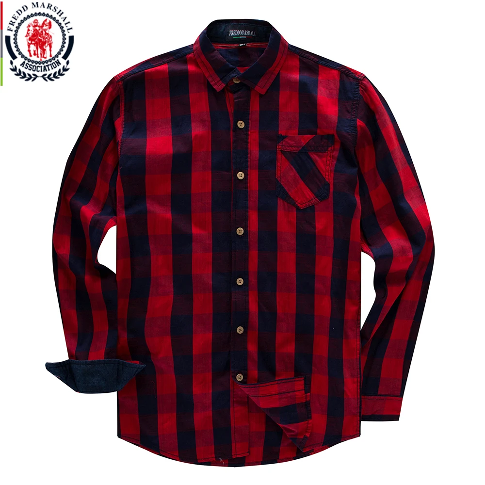 Fredd Marshall 2018 New Men's Long Sleeve Dress Shirt Cotton Casual Plaid Shirt Social Business
