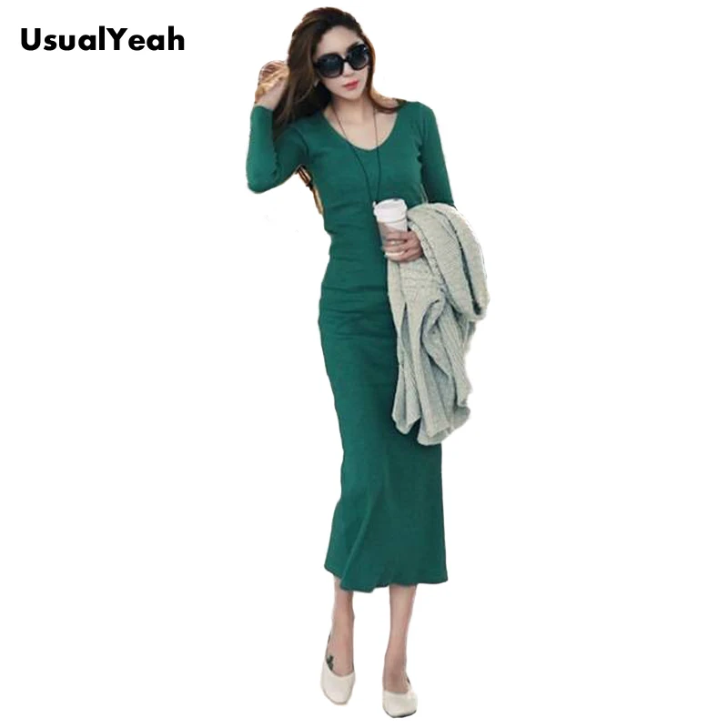 Women long sleeve V long Knitted Dresses Maxi Casual Dress Black S M L XL XXL