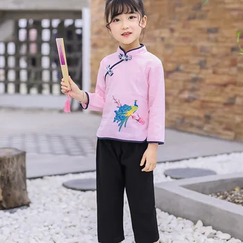 

Ancient Girls Hanfu Clothing Chinese Traditional Tang Suit Cotton Linen Long Sleeve Kids Children Stage Performance Costume