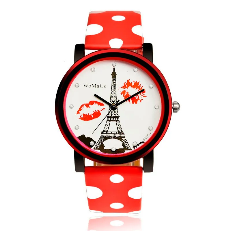 Женские часы бренд WoMaGe Dot кожаный ремешок часы Эйфелева башня циферблат сделать Мода Hickey часы милые хрустальные наручные часы