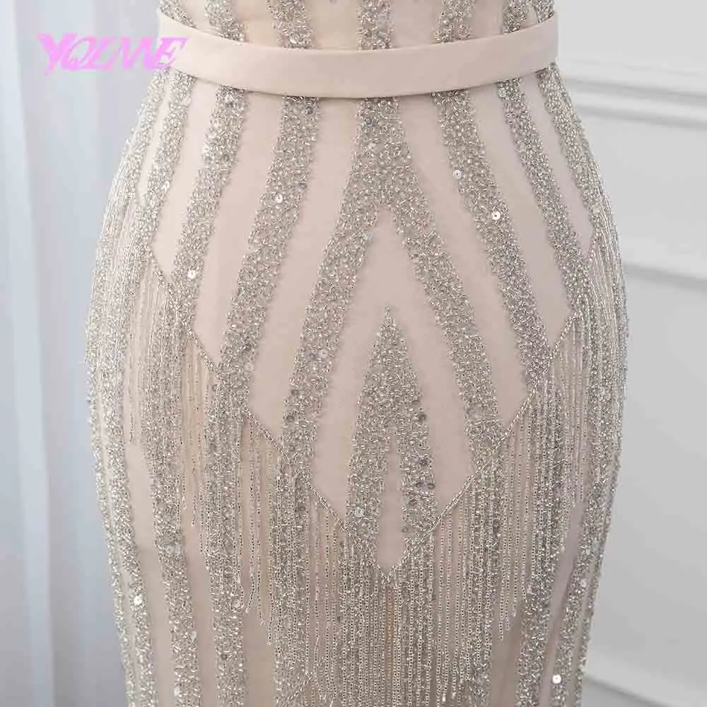 YQLNNE Шампанское Русалка вечернее платье Иллюзия Бисероплетение кисточкой формальное платье женские платья robe de soiree пышные платья