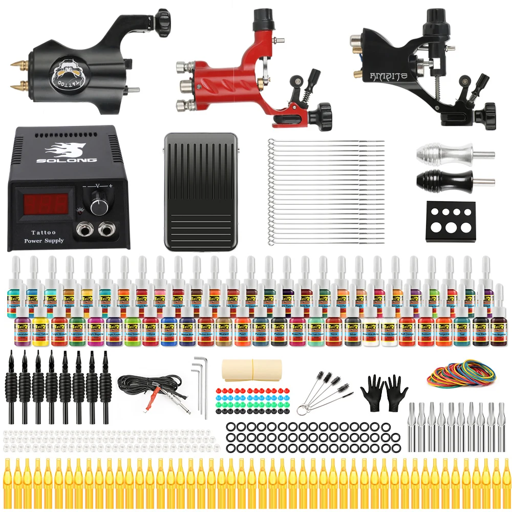 Клеймо тату Полный комплект татуировки 3 профессиональная роторная машина пистолеты 54 Чернила Электропитание педаль Иглы ручки TK355