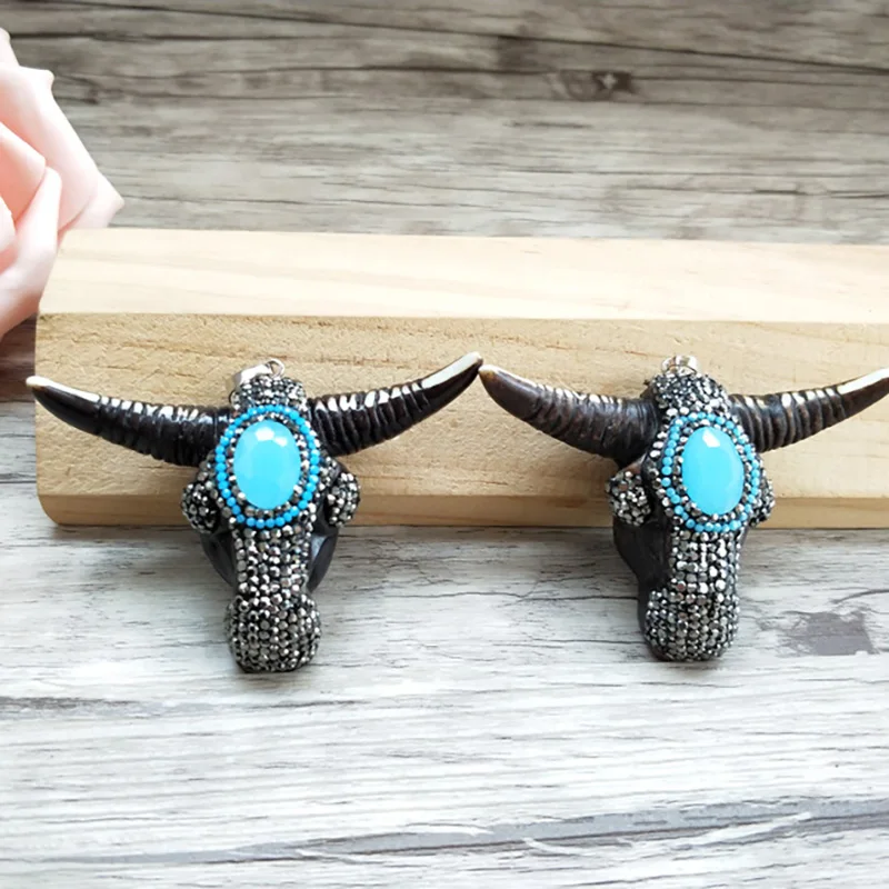 5Pcs Wood pave Rhinestone crystal horn cattle Tau Pendant,Longhorn bull