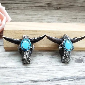 

5Pcs Wood pave Rhinestone crystal horn cattle Tau Pendant,Longhorn bull oxhead Pendant for DIY jewelry necklace making PD976