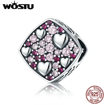 

WOSTU Brand 925 Sterling Silver Beads Square Heart Pink Crystal Charm Beads fit Women Charm Bracelet S925 Silver Jewelry CQC471