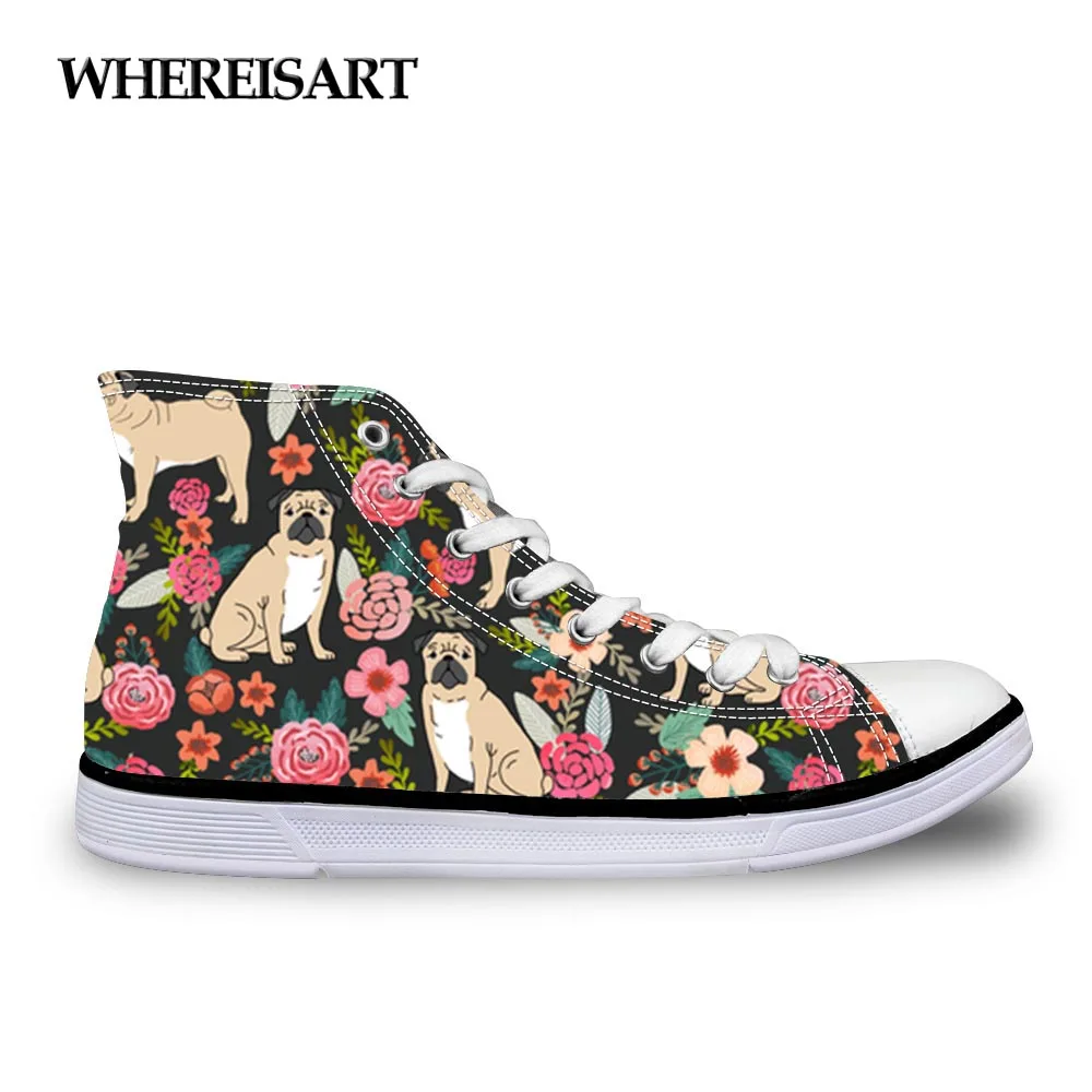 

WHEREISART Pug Floral Print Women Vulcanized Shoes Sneakers Flat Ladies Lace-up Casual Shoes Breathable Walking Canvas Shoes