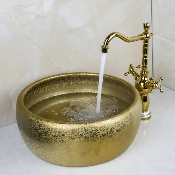 Double Handle Faucet Round Paint Golden Bowl Sinks / Vessel Basins Washbasin Ceramic Basin Sink & Faucet Tap Set 46049836